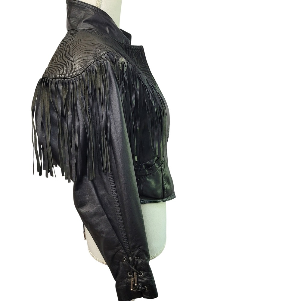Vintage Black Leather Fringe Western Jacket Zebra Embossed Concho Cropped 90s - Picture 11 of 16